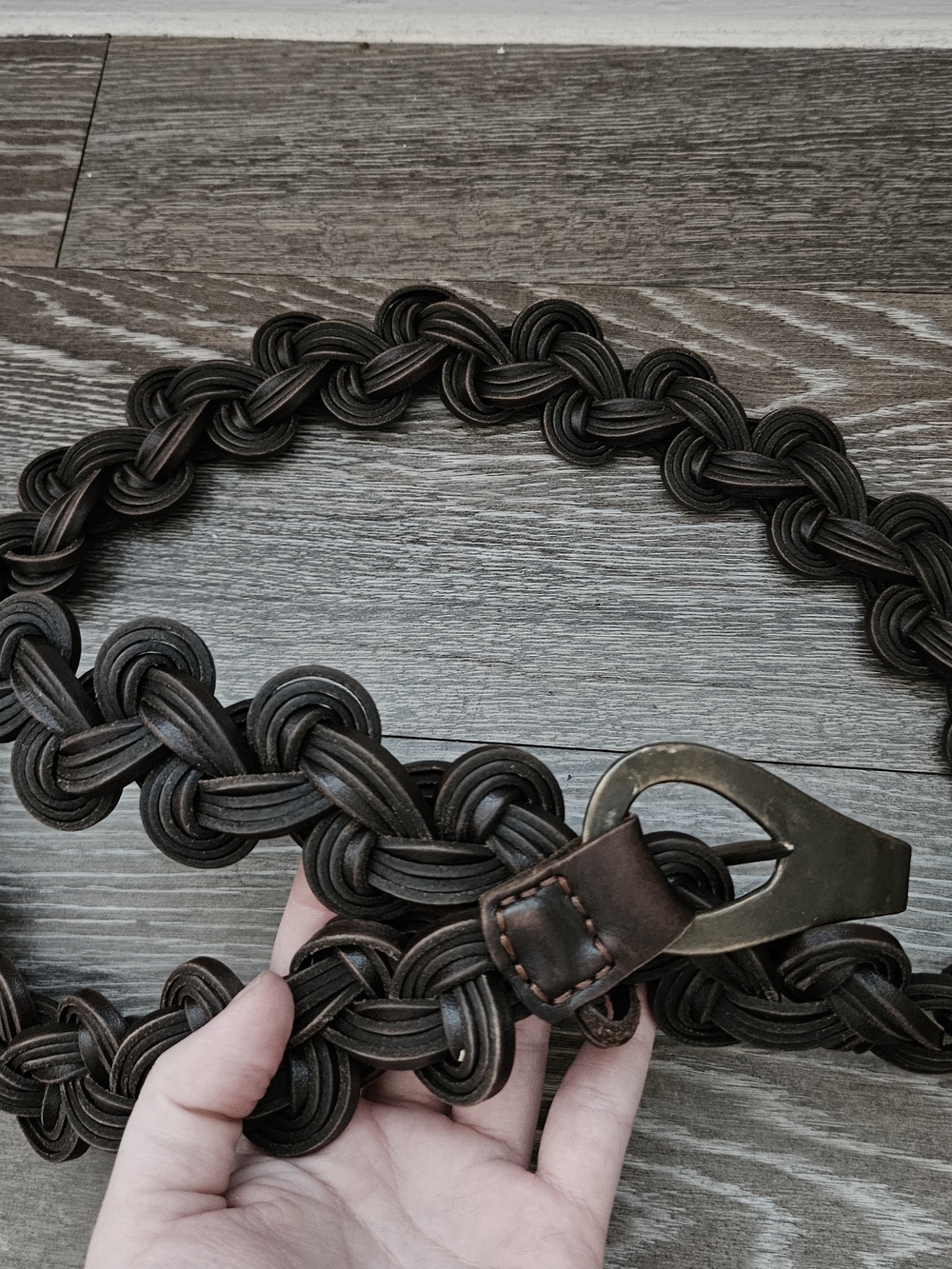Vintage Braided Dark Brown Leather Belt with Antique Brass Buckle - Picture 3 of 4